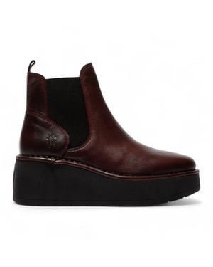 Fly London Wine Hely268 Chelsea Leather Ankle Pull-On Platform Comfort Boots - Brown