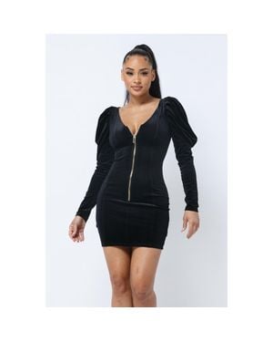 TRUEDAMES Soft Velvet Pleated Puff Sleeve Low V Neck Front And Back Mini Dress - Black