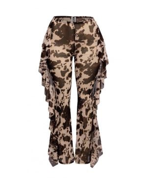 TRUEDAMES Side Ruffle Detailed Printed Mesh Pants - Brown