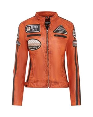 Infinity Leather Leather Biker Racing Badges Jacket-Agadir - Orange