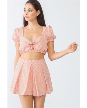 TRUEDAMES Stripe Print Self-Tie Short Sleeve Crop Top & High Waist Shorts Set - Pink