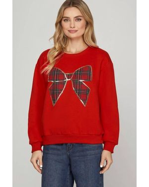 Style U Christmas Plaid Bow Knit Top - Red