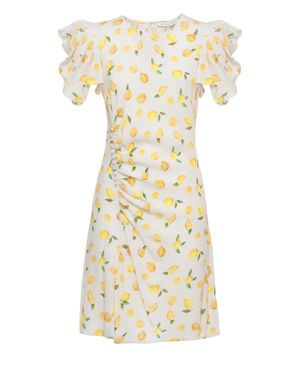 Mar De Margaritas Ivory Mini Dress With Citron Pattern And Ruffled Sleeves - White