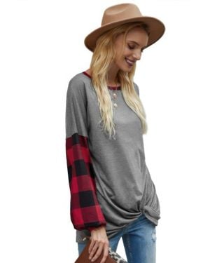 TRUEDAMES Round Neck Lantern Sleeve Patchwork Pullover - Gray