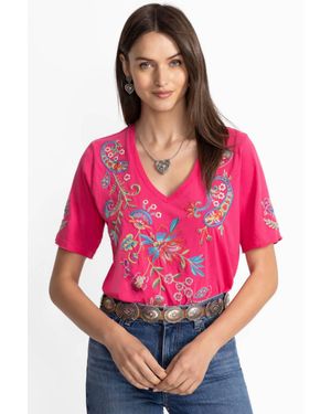 Johnny Was Raw Hem V‑Neck Tee - Pink