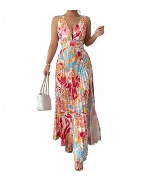 Faire Floral Print V-Neck Slit Pleated Maxi Dress - Red
