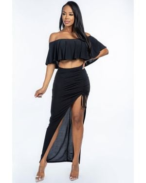 TRUEDAMES Solid Ity Off The Shoulder Ruffled Cropped Top And Ruched Maxi Skirt Two Piece Set - Blue