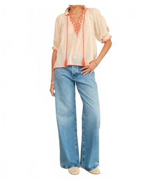 M.A.B.E Talia Embroidered Short Sleeve Top - Blue