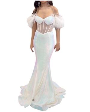 Ava Presley Off-The-Shoulder Gown With Feather Accents - White