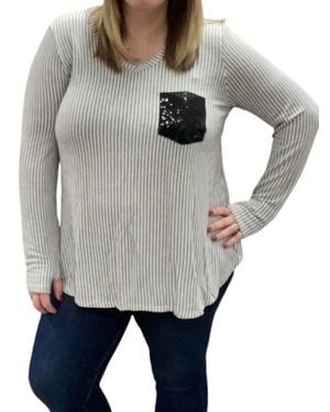 Honeyme Sequin Pocket V-Neck Long Sleeve Tee - Gray