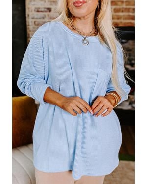 TRUEDAMES Myosotis Plus Size Ribbed Textured Long Sleeve T Shirt - Blue