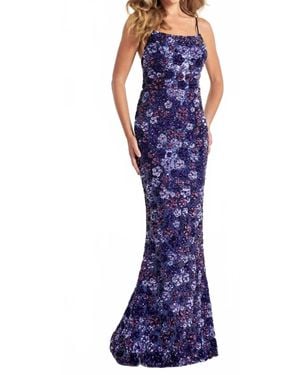 Faviana Sequin Floral Design Prom Dress - Blue