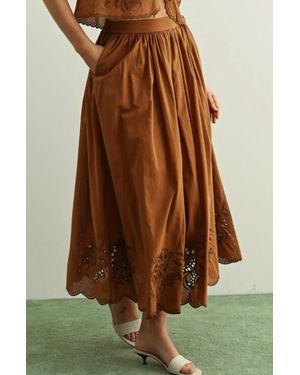 Miou Muse Embroidered Long Full Skirt - Brown