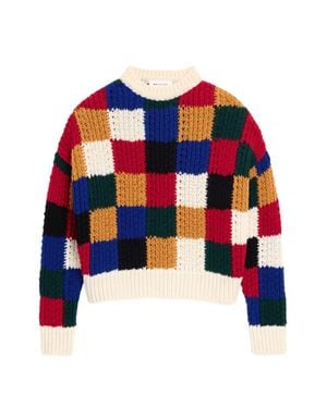Ami Paris Chunky Knit Sweater With Bold Checkered Pattern - Blue
