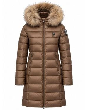 Blauer Fluffy Fur Hooded Quilted Long Down Jacket - Brown