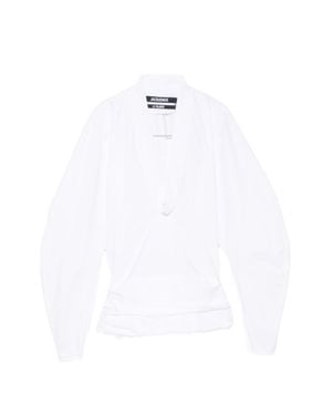 Jacquemus Deep V-Neck Gathered Voluminous Sleeve Top - White