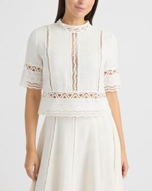 Ellen Tracy Cotton Crosshatch Top With Crochet Applique - White