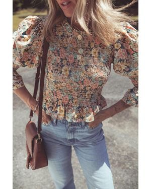 TRUEDAMES Floral Print Smocked Bubble Sleeve Ruffled Crop Top - Brown