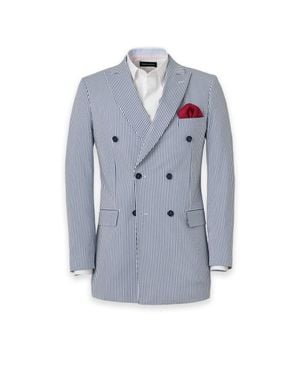 Paul Fredrick Stripe Seersucker Double Breasted Peak Lapel Suit Jacket - Blue