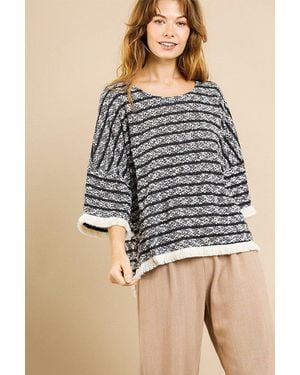 TRUEDAMES Heathered Striped Knit Bell Sleeve Round Neck Top - Gray
