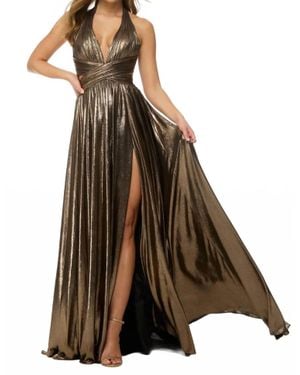 Sherri Hill Modest A Line Halter Metallic Long Prom Dress With Slit - Brown