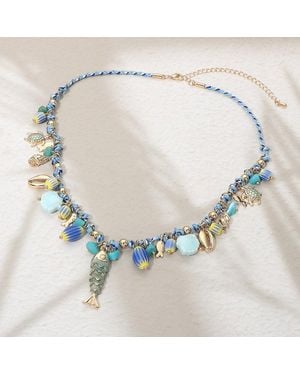 Fashnzfab Coastal-Inspired Fish Shell Turtle Charm Beaded Thread Necklace - Blue