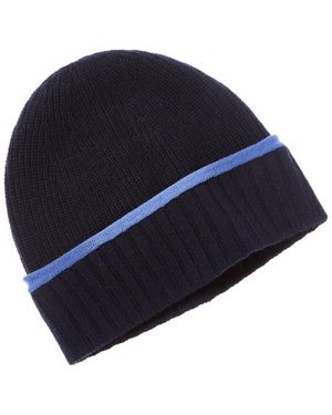 Amicale Cashmere Tipped Cuff Ribbed Cashmere Beanie - Blue
