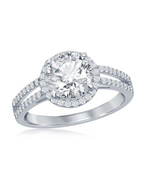 Simona Sterling Round Halo Cz Double Open Band Engagement Ring - Metallic