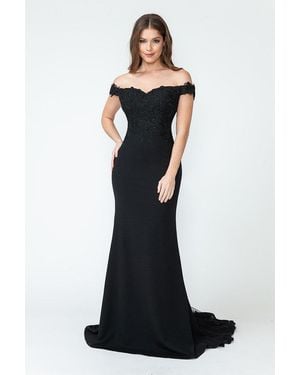 TRUEDAMES Off-Shoulder Lace Bodice Mermaid Gown With Sheer Back Train For Formal Events - Black