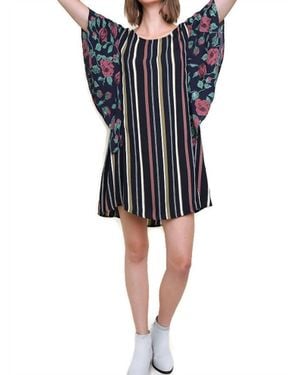 Umgee Striped & Floral Ruffle Sleeve Dress - Black