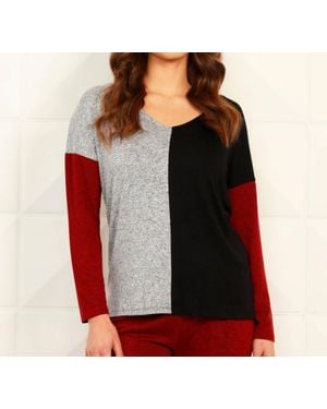 French Kyss Color Block Open V-Neck Top - Red