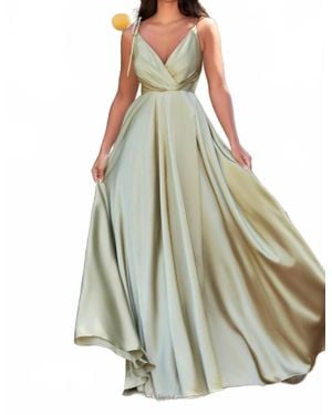 Cinderella Divine Flowy Satin V-Neck A-Line Gown With Leg Slit - Green