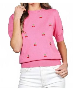 Vine & Love Cherry Embroidered Crew Neck Knitted Sweater - Pink