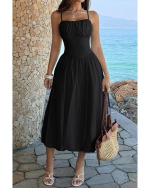 TRUEDAMES Solid Sleeveless Ruched Bust A Line Dress - Black