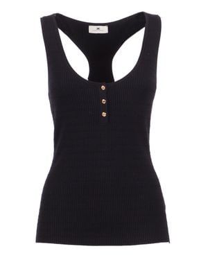 Elisabetta Franchi Ribbed Knit Tricot Scoop Tank Top - Black