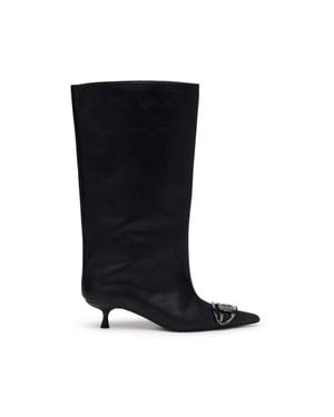 DIESEL Oiled Leather Kitten-Heel Knee-High Boots - Black