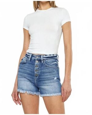 Kancan Button Fly High Rise Raw Hem Denim Shorts - Blue