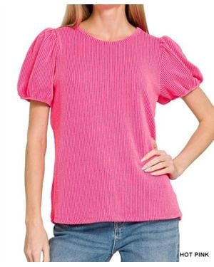Zenana Puff Sleeve Corded Shirt - Pink