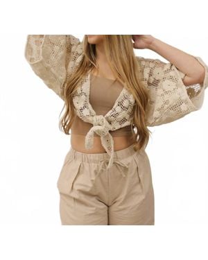 Mustard Seed Solid Crochet Floral Tie Front Crop Top - Natural