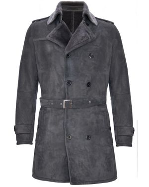 Infinity Leather Shearling Sheepskin Suede Pea Coat-Cali - Black