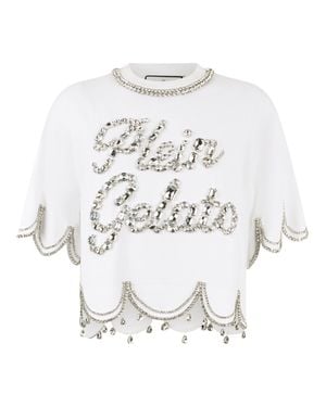 Philipp Plein Cropped T-Shirt Crystal Waves - White