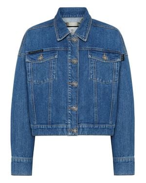 Philipp Plein Denim Cropped Jacket Crystal Fringes - Blue