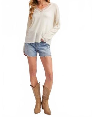 Bluivy Lace Trimmed V-Neck Top - Blue