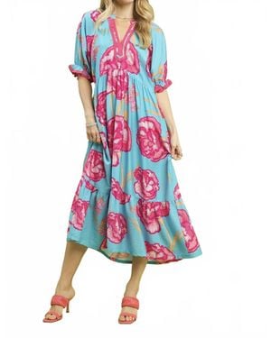 Umgee Floral Contrast Trim Midi Dress - White