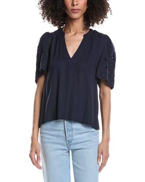Splendid Cayden Embroidered Flutter Linen-Blend Top - Blue