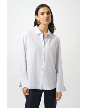 Joseph Ribkoff Poplin Button-Front Back Slit 3/4 Sleeves Top - White