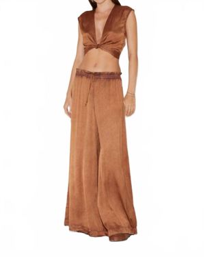 BOTEH Lustre Tie Front Top Wide Leg Pants - Brown