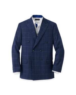 Paul Fredrick Wool Blend Windowpane Double Breasted Peak Lapel Sport Coat - Blue