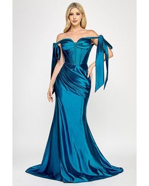 TRUEDAMES Satin Off-Shoulder Corset Gown With Draped Skirt & Side Slit - Blue