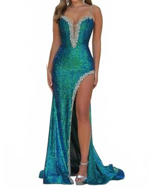 Ava Presley Beaded Fitted Evening Gown - Blue